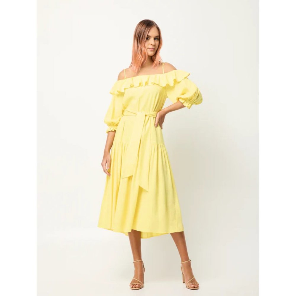 NWT Elliatt Revolve yellow linen blend Beatrice off shoulder dress - Picture 2 of 7